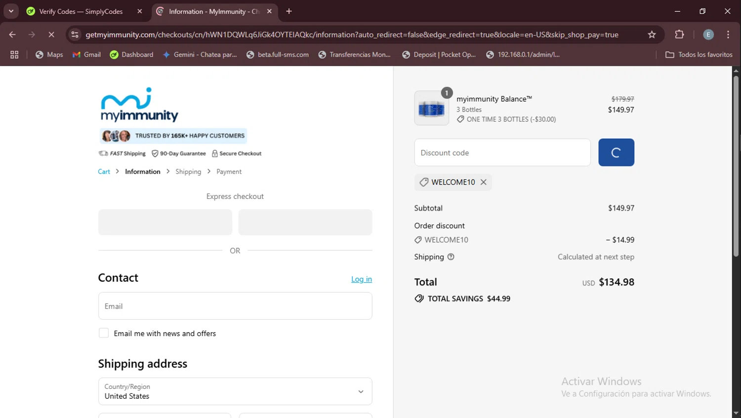 MyImmunity Balance promo code screenshot showing code WELCOME10 applied at MyImmunity Balance checkout page. Uploaded by SimplyCodes community member Esteban on Jul 30, 2025