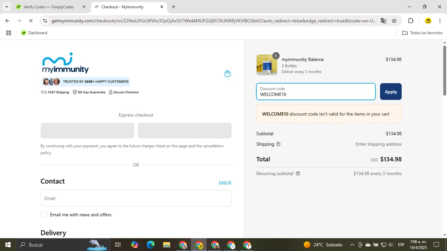 MyImmunity Balance promo code screenshot showing code WELCOME10 applied at MyImmunity Balance checkout page. Uploaded by SimplyCodes community member OldManEmu on Apr 14, 2025