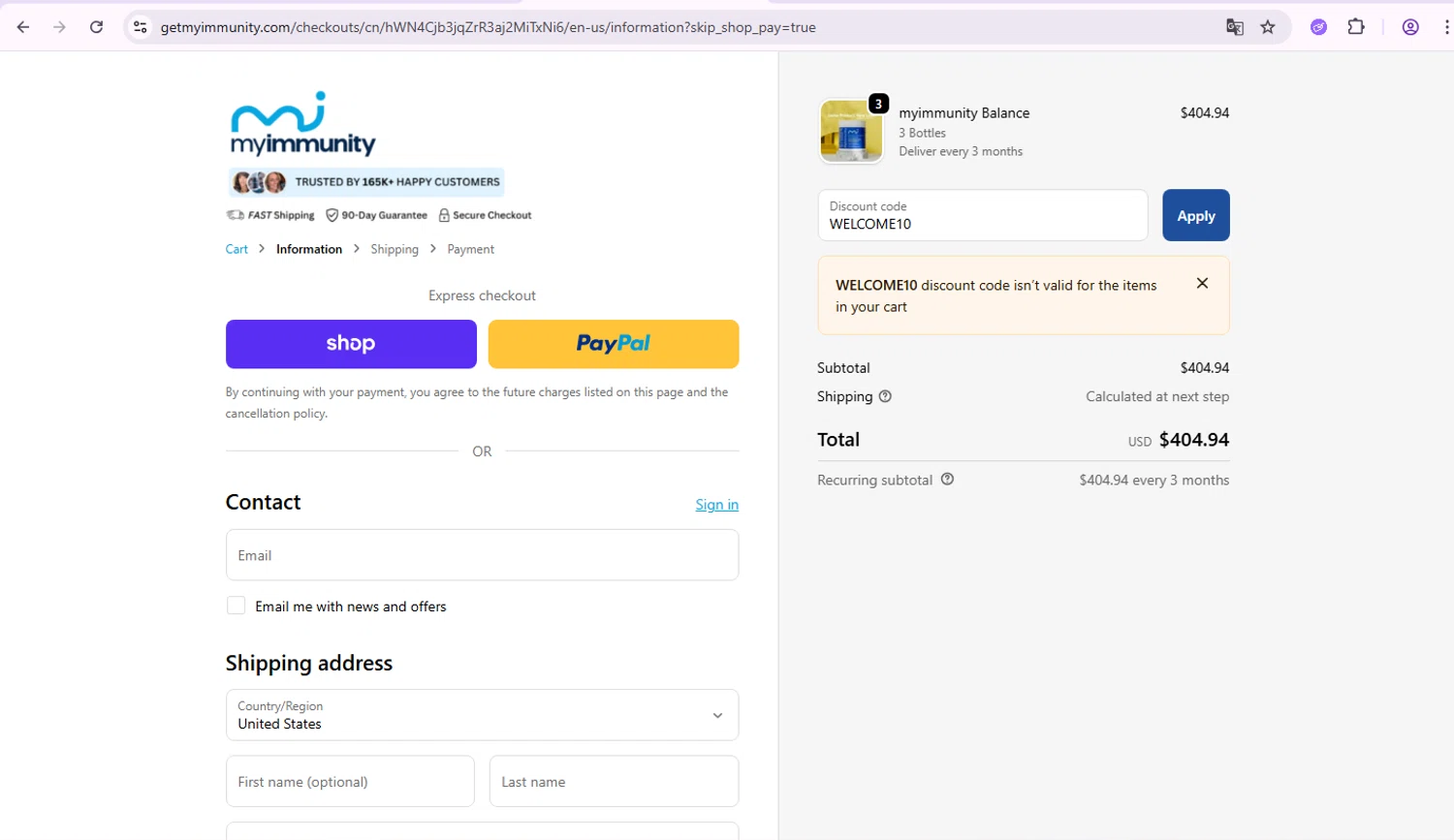 MyImmunity Balance promo code screenshot showing code WELCOME10 applied at MyImmunity Balance checkout page. Uploaded by SimplyCodes community member SmartDefender5487 on Oct 17, 2025