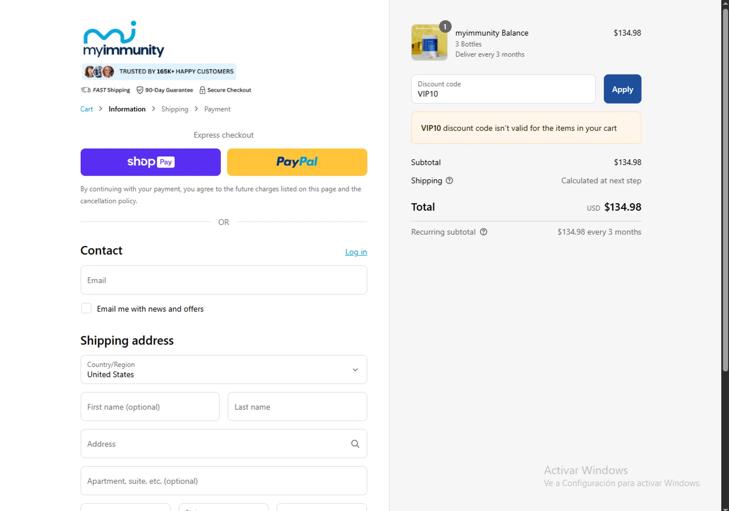 MyImmunity Balance promo code screenshot showing code VIP10 applied at MyImmunity Balance checkout page. Uploaded by SimplyCodes community member TreasureChaser3010 on Aug 3, 2025