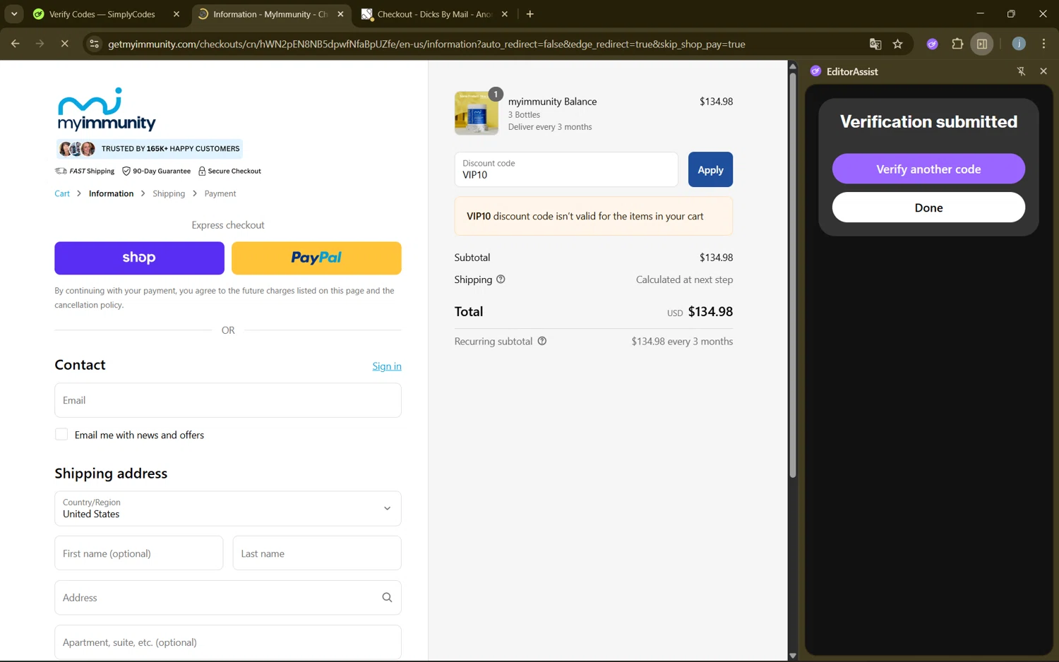 MyImmunity Balance promo code screenshot showing code VIP10 applied at MyImmunity Balance checkout page. Uploaded by SimplyCodes community member frijolito on Sep 10, 2025