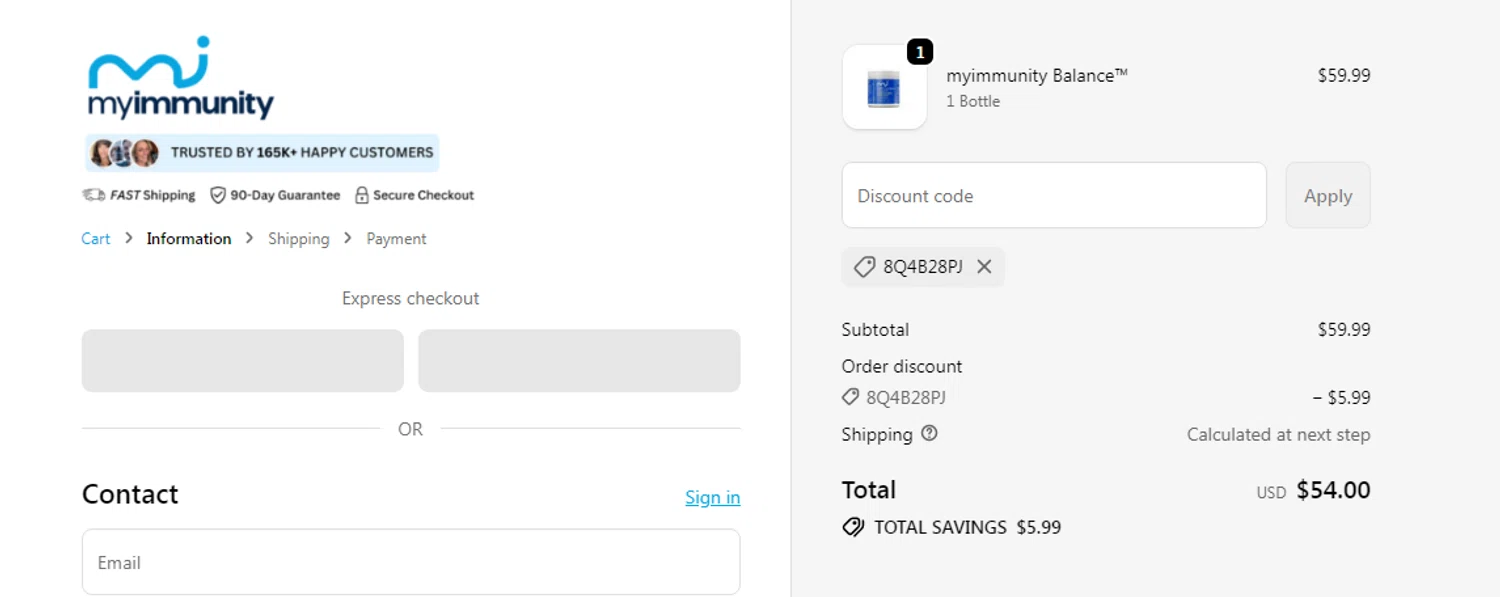 MyImmunity Balance promo code screenshot showing code 8Q4B28PJ applied at MyImmunity Balance checkout page. Uploaded by SimplyCodes community member Alofoke on Jan 10, 2026