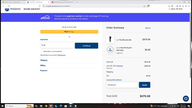 The Phoenix checkout page showing The Phoenix promo code box | Screenshot taken by SimplyCodes community member on Jul 29, 2025