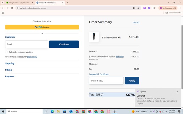 The Phoenix checkout page showing The Phoenix promo code box | Screenshot taken by SimplyCodes community member on Aug 20, 2025