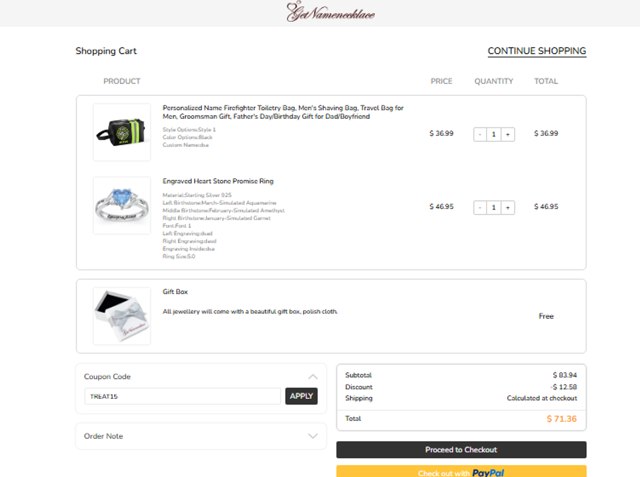 GetNameNecklace checkout page showing GetNameNecklace coupon code box | Screenshot taken by SimplyCodes community member on Sep 2, 2025