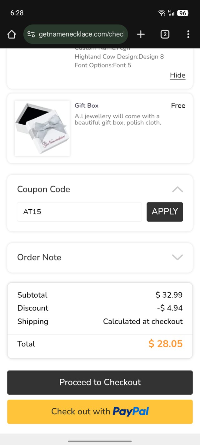 GetNameNecklace checkout page showing GetNameNecklace coupon code box | Screenshot taken by SimplyCodes community member on Sep 4, 2025