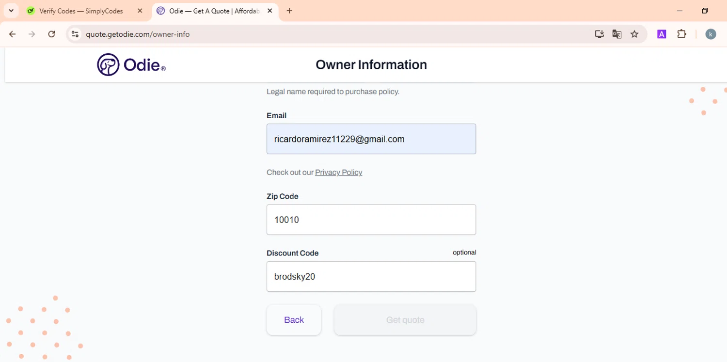 Odie Pet Insurance checkout page showing Odie Pet Insurance discount code box | Screenshot taken by SimplyCodes community member on Nov 12, 2024