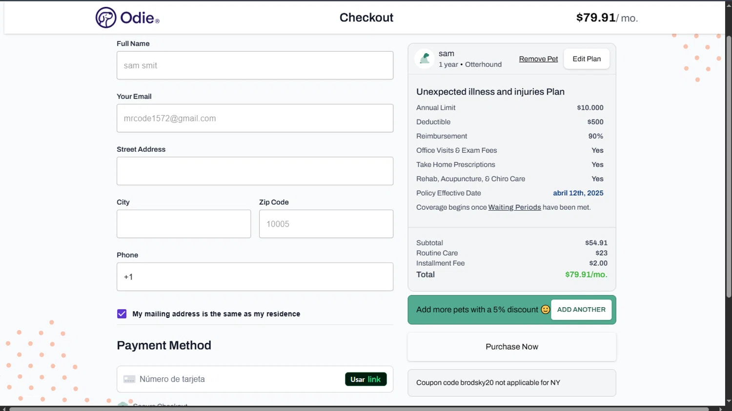 Odie Pet Insurance checkout page showing Odie Pet Insurance discount code box | Screenshot taken by SimplyCodes community member on Apr 11, 2025