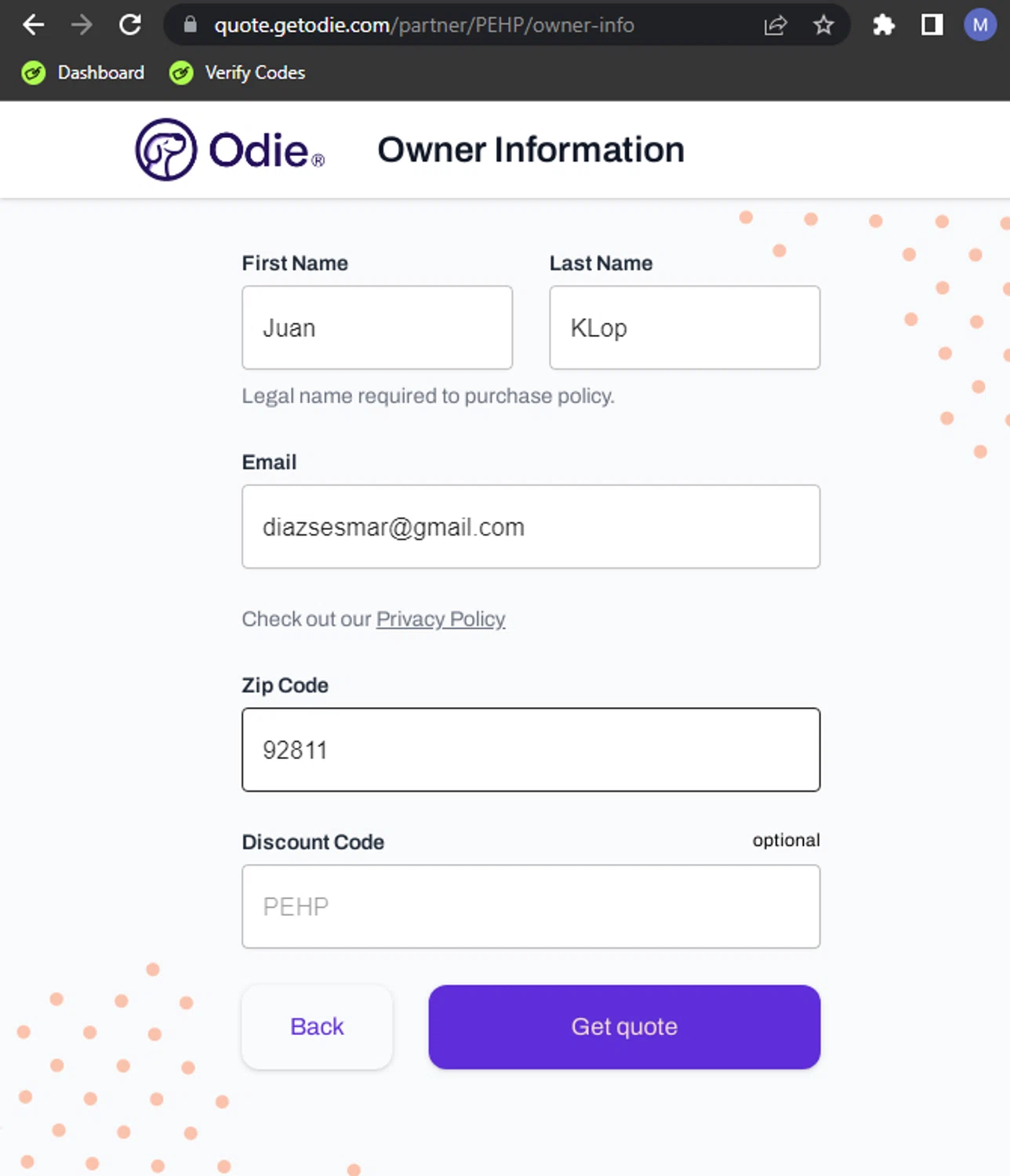 Odie Pet Insurance checkout page showing Odie Pet Insurance discount code box | Screenshot taken by SimplyCodes community member on Nov 10, 2024
