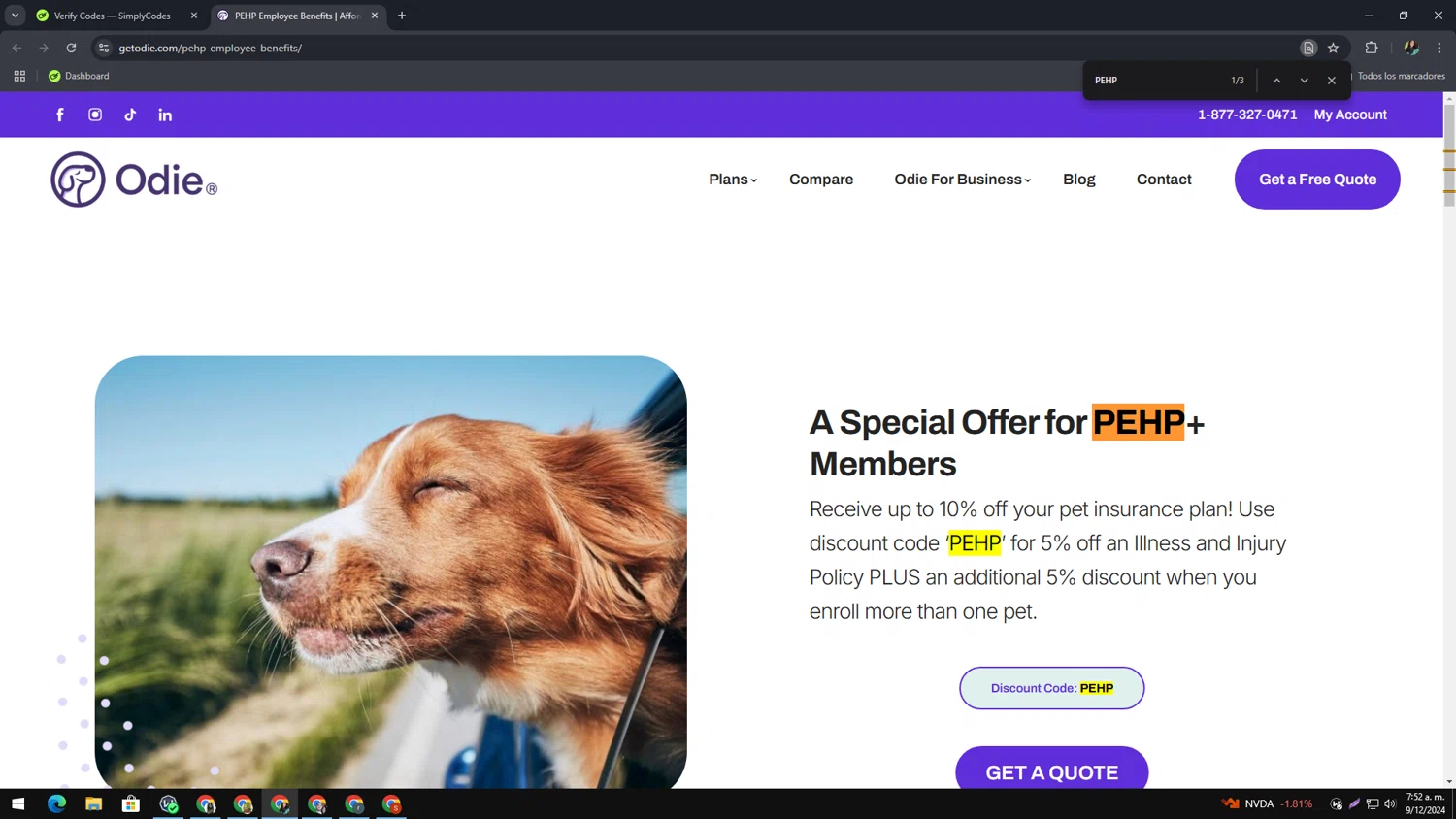 Odie Pet Insurance checkout page showing Odie Pet Insurance discount code box | Screenshot taken by SimplyCodes community member on Dec 9, 2024