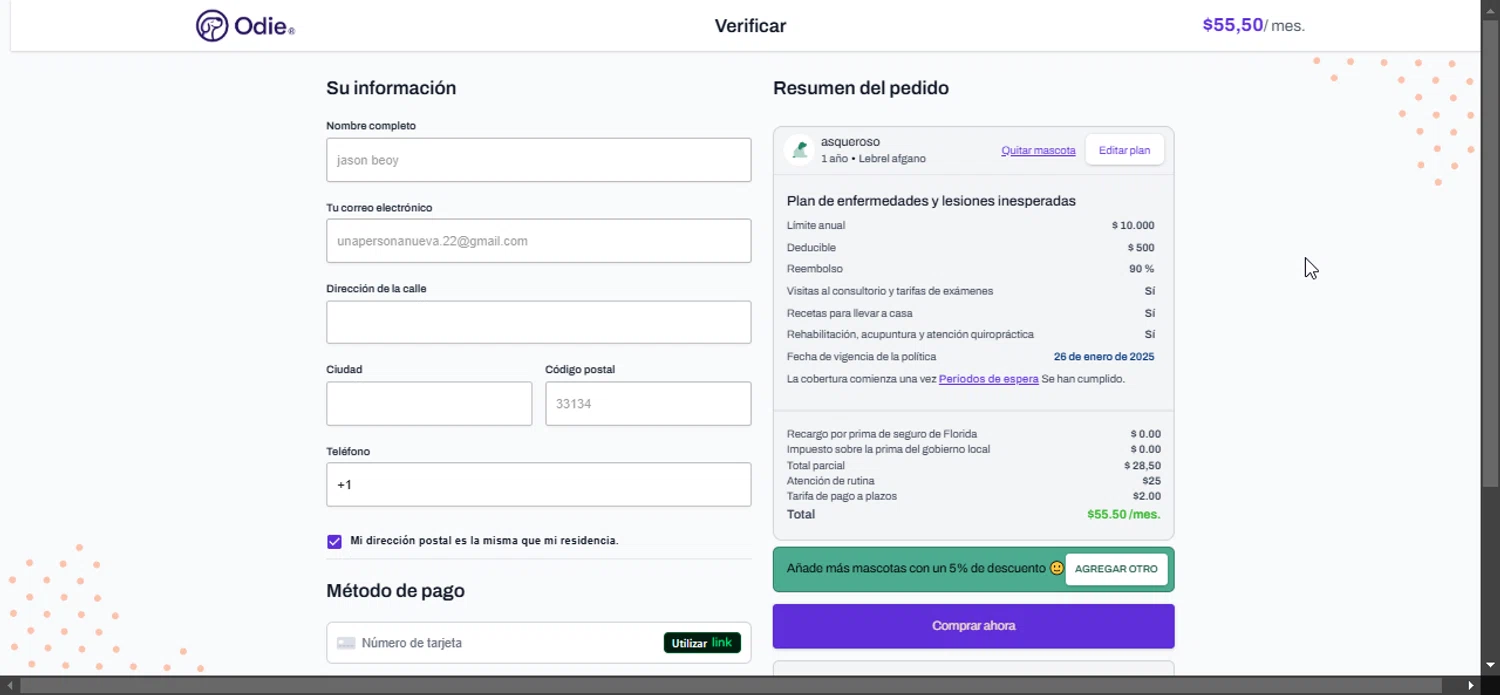 Odie Pet Insurance checkout page showing Odie Pet Insurance discount code box | Screenshot taken by SimplyCodes community member on Jan 25, 2025