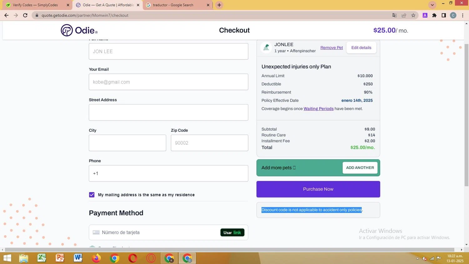 Odie Pet Insurance checkout page showing Odie Pet Insurance discount code box | Screenshot taken by SimplyCodes community member on Jan 13, 2025