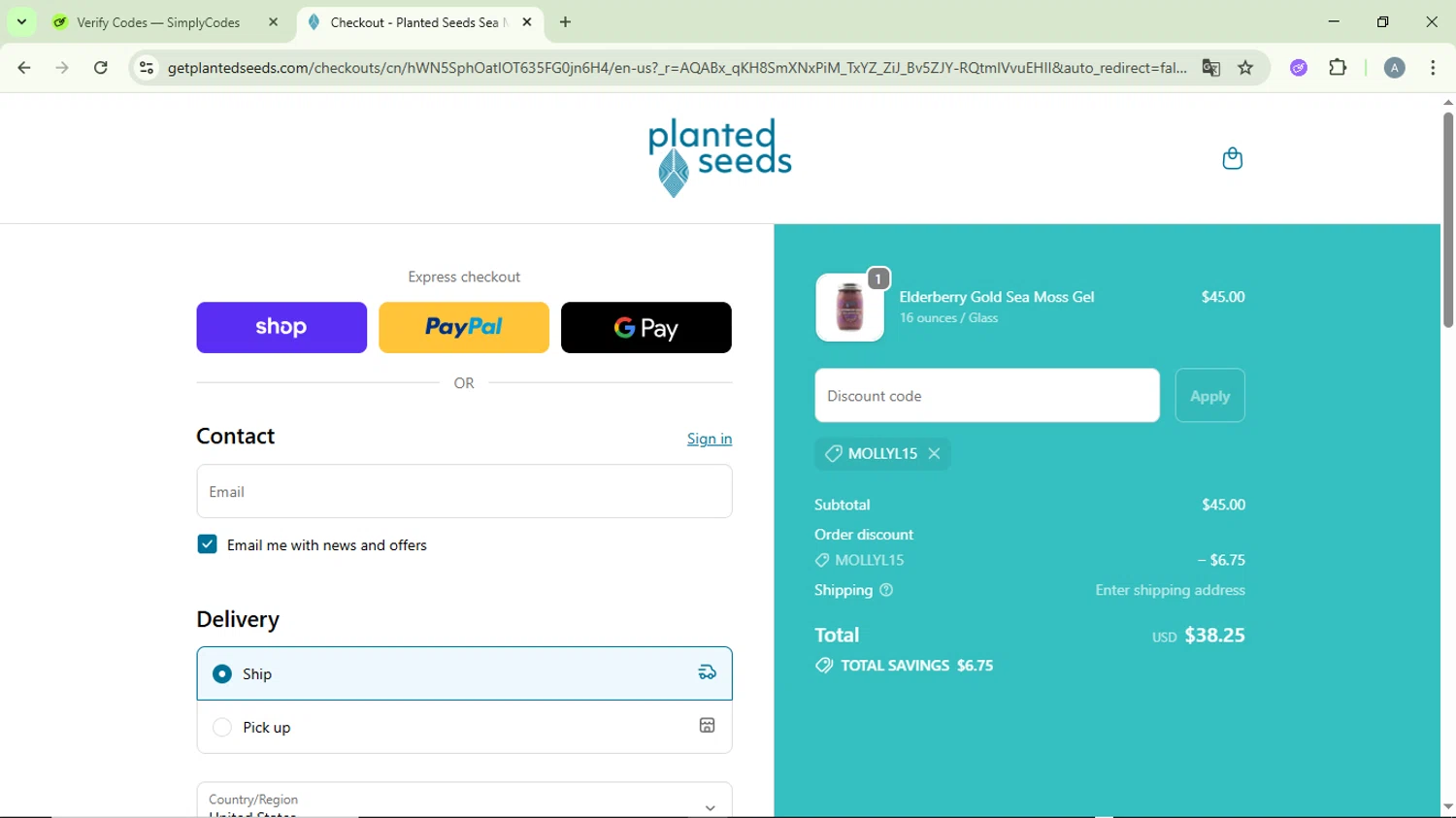 Planted Seeds Sea Moss promo code screenshot showing code MOLLYL15 applied at Planted Seeds Sea Moss checkout page. Uploaded by SimplyCodes community member DiscountVirtuoso6243 on Nov 19, 2025