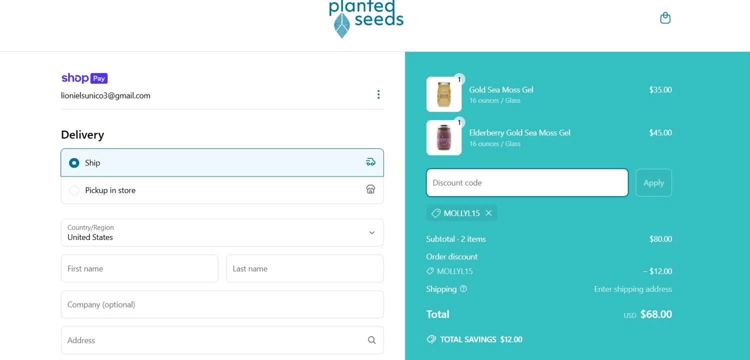 Planted Seeds Sea Moss promo code screenshot showing code MOLLYL15 applied at Planted Seeds Sea Moss checkout page. Uploaded by SimplyCodes community member Lioniel on Apr 4, 2025