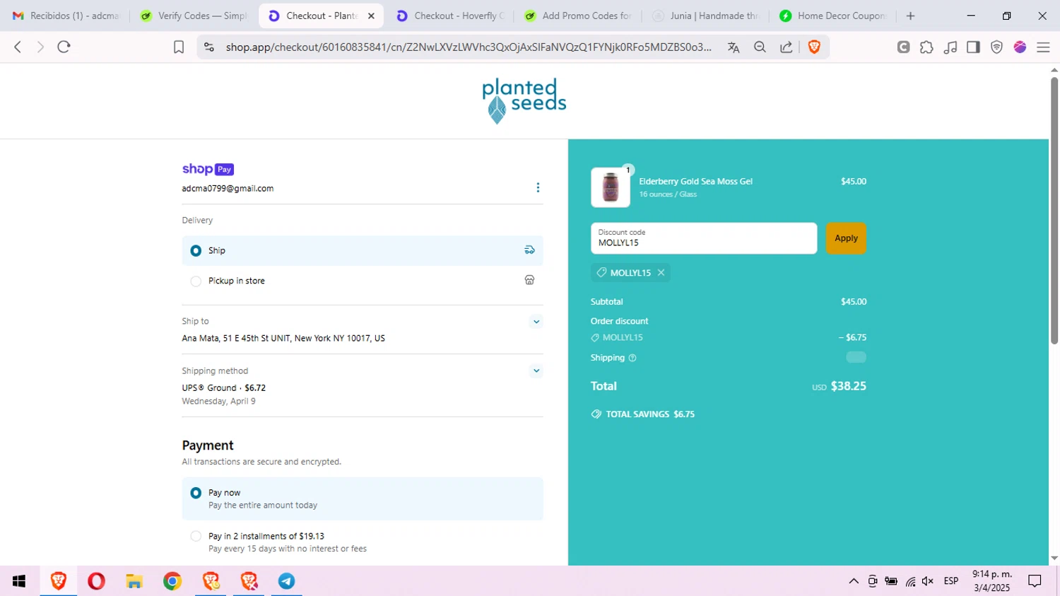 Planted Seeds Sea Moss promo code screenshot showing code MOLLYL15 applied at Planted Seeds Sea Moss checkout page. Uploaded by SimplyCodes community member peachee on Apr 4, 2025