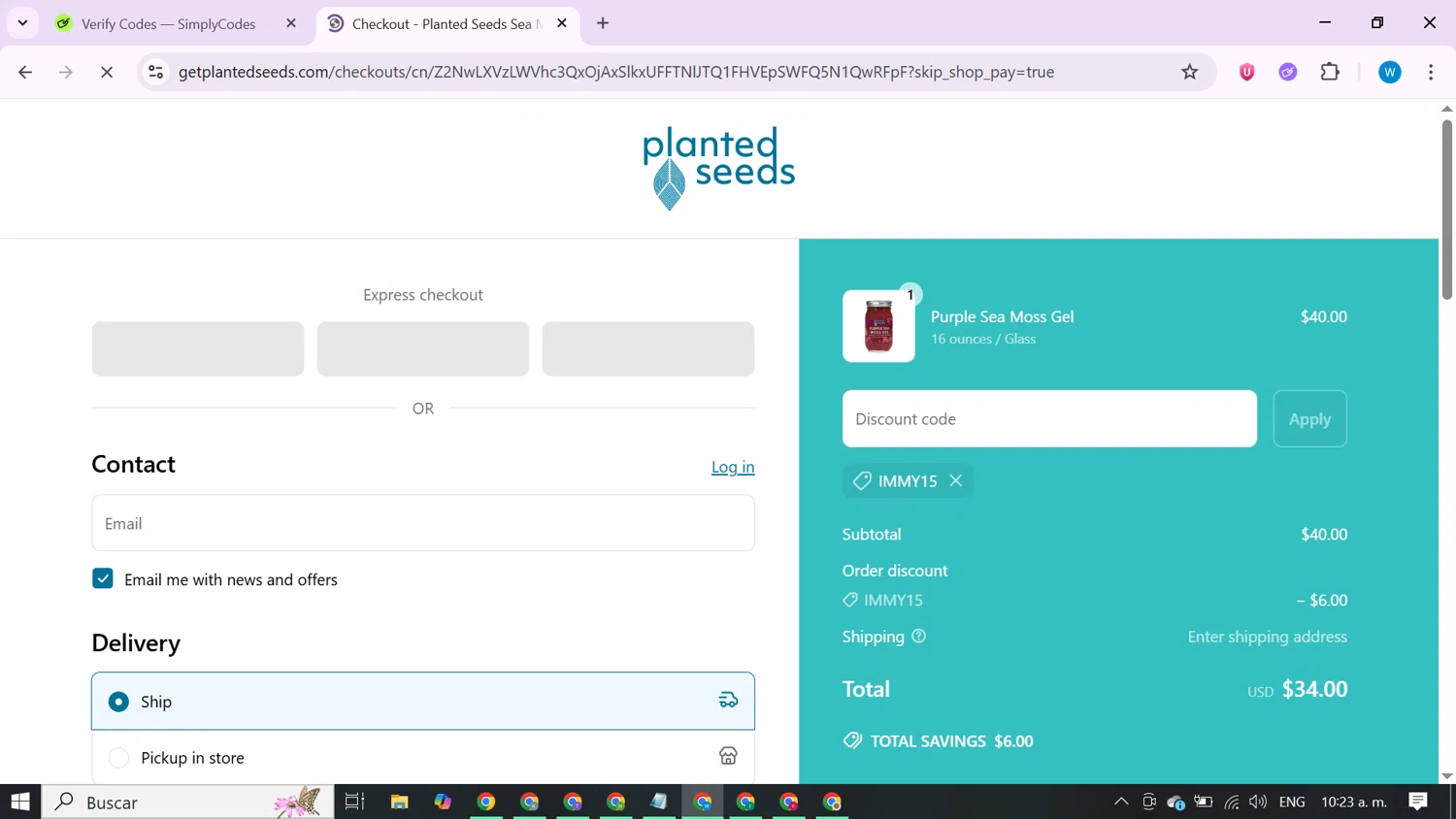 Planted Seeds Sea Moss promo code screenshot showing code IMMY15 applied at Planted Seeds Sea Moss checkout page. Uploaded by SimplyCodes community member CrownShopper7142 on Jun 18, 2025