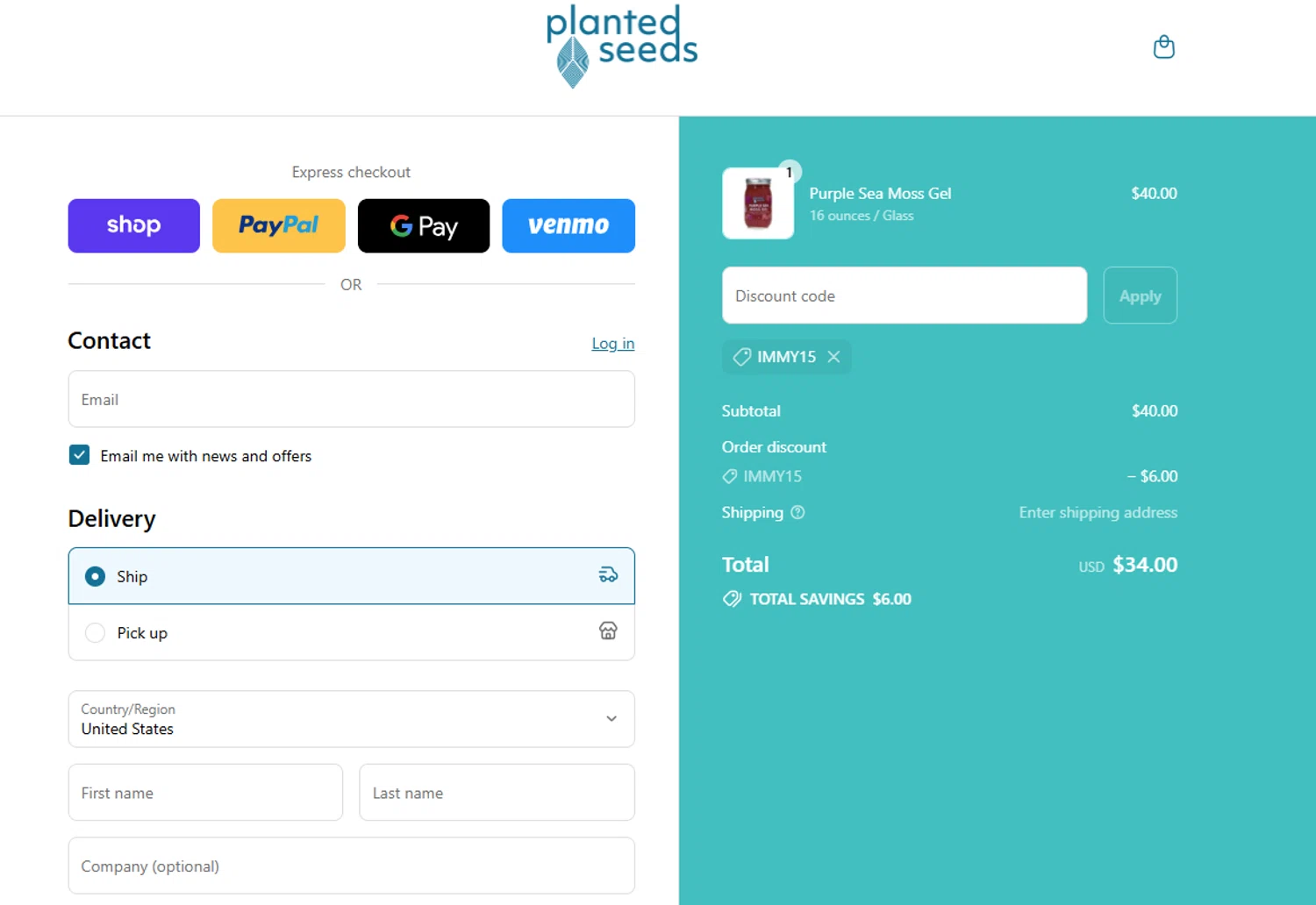 Planted Seeds Sea Moss promo code screenshot showing code IMMY15 applied at Planted Seeds Sea Moss checkout page. Uploaded by SimplyCodes community member QuestNavigator1687 on Sep 3, 2025