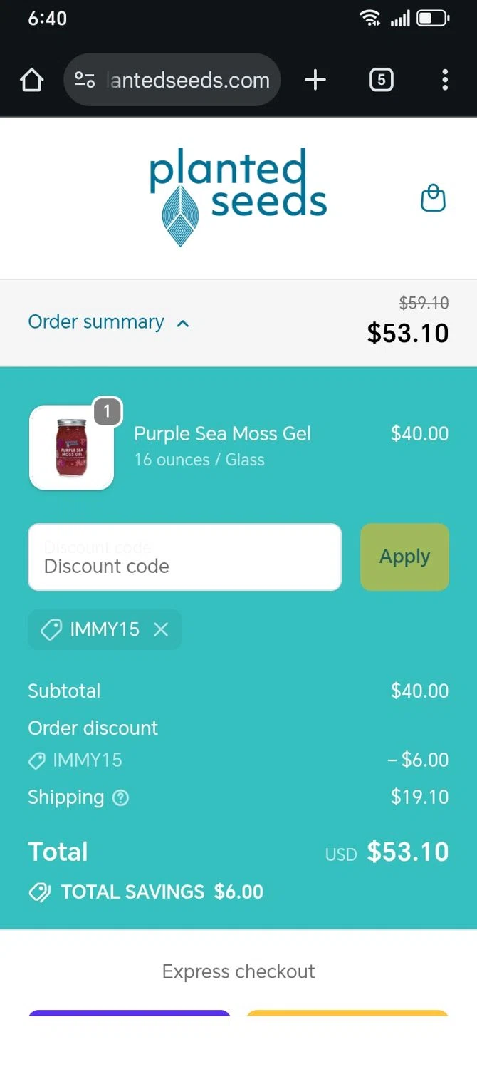 Planted Seeds Sea Moss promo code screenshot showing code IMMY15 applied at Planted Seeds Sea Moss checkout page. Uploaded by SimplyCodes community member franksanchez on Oct 18, 2025