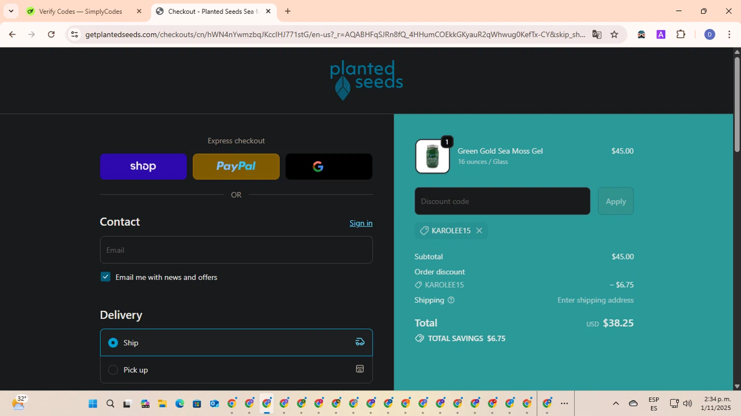 Planted Seeds Sea Moss promo code screenshot showing code KAROLEE15 applied at Planted Seeds Sea Moss checkout page. Uploaded by SimplyCodes community member RewardOwl5959 on Nov 1, 2025
