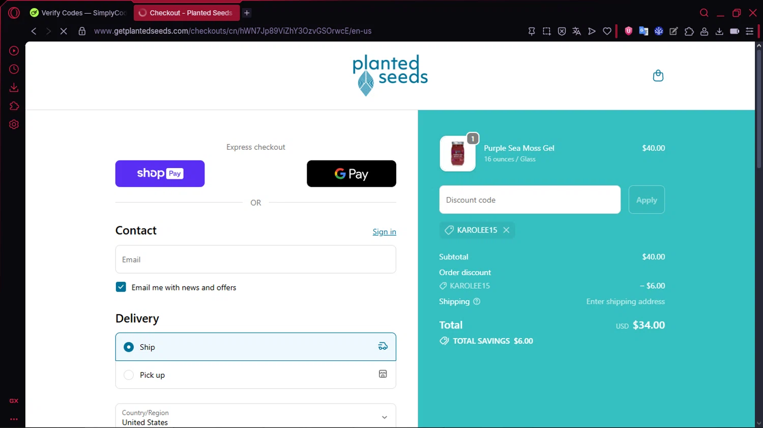 Planted Seeds Sea Moss promo code screenshot showing code KAROLEE15 applied at Planted Seeds Sea Moss checkout page. Uploaded by SimplyCodes community member TOLUENO on Jan 7, 2026