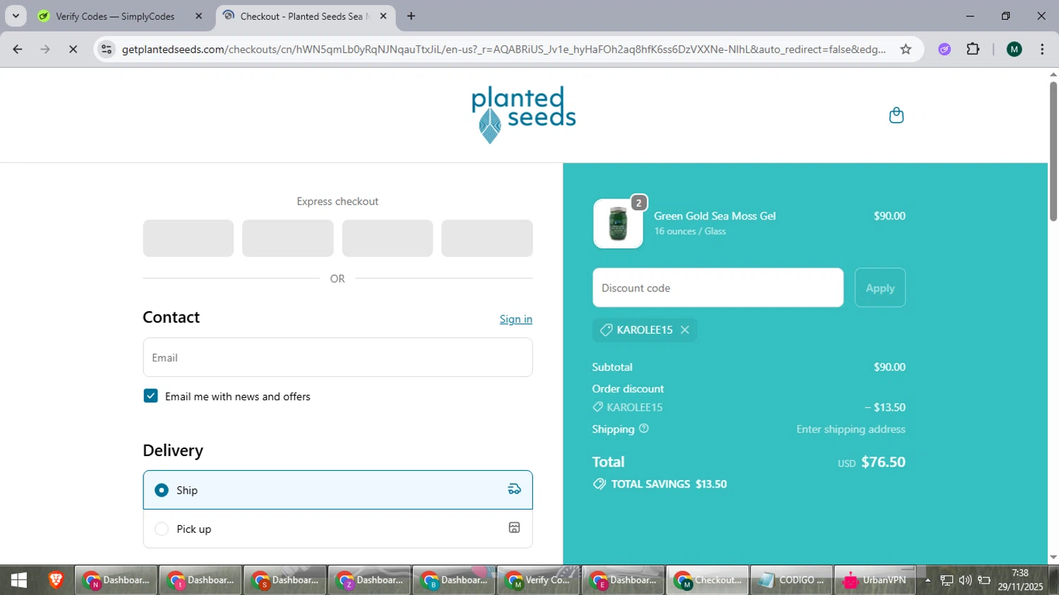 Planted Seeds Sea Moss promo code screenshot showing code KAROLEE15 applied at Planted Seeds Sea Moss checkout page. Uploaded by SimplyCodes community member suieeloves on Nov 29, 2025