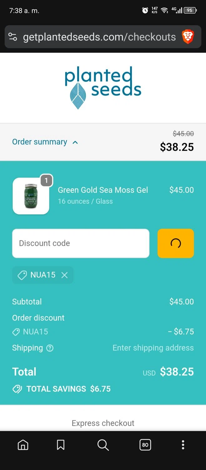 Planted Seeds Sea Moss promo code screenshot showing code NUA15 applied at Planted Seeds Sea Moss checkout page. Uploaded by SimplyCodes community member MrWolf on Nov 29, 2025