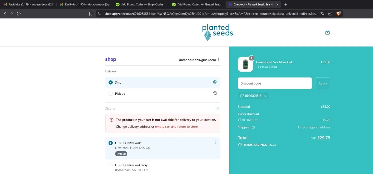 Planted Seeds Sea Moss promo code screenshot showing code BLONDIE15 applied at Planted Seeds Sea Moss checkout page. Uploaded by SimplyCodes community member Mdeoca on Sep 26, 2025