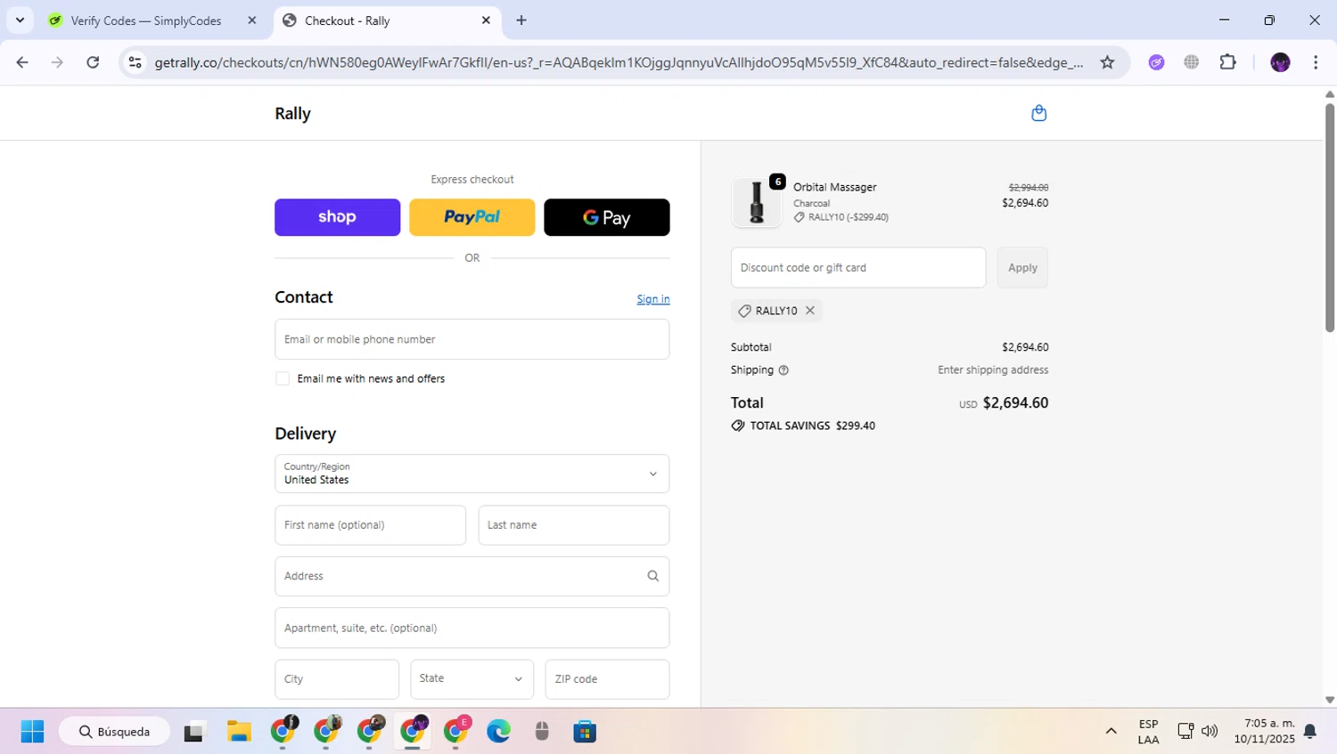 Rally.co promo code screenshot showing code RALLY10 applied at Rally.co checkout page. Uploaded by SimplyCodes community member GloriousGuardian9063 on Nov 10, 2025