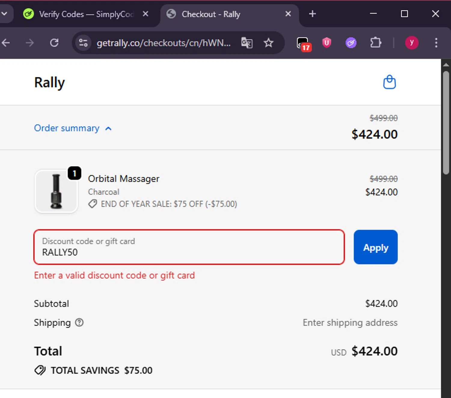 Rally.co promo code screenshot showing code RALLY50 applied at Rally.co checkout page. Uploaded by SimplyCodes community member ValiantFox2134 on Dec 31, 2025