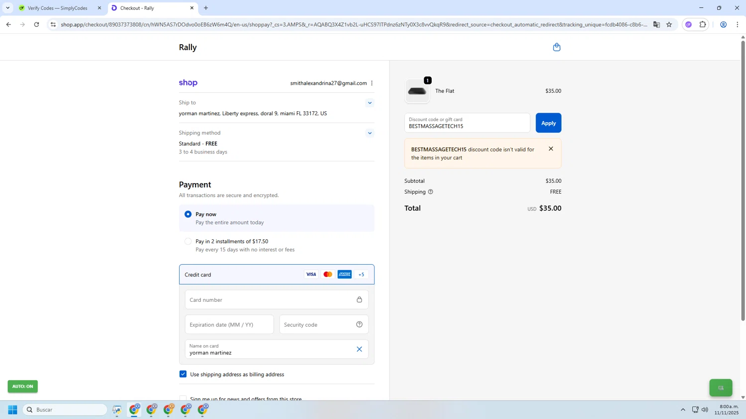 Rally.co promo code screenshot showing code BESTMASSAGETECH15 applied at Rally.co checkout page. Uploaded by SimplyCodes community member INSECTOS on Nov 11, 2025