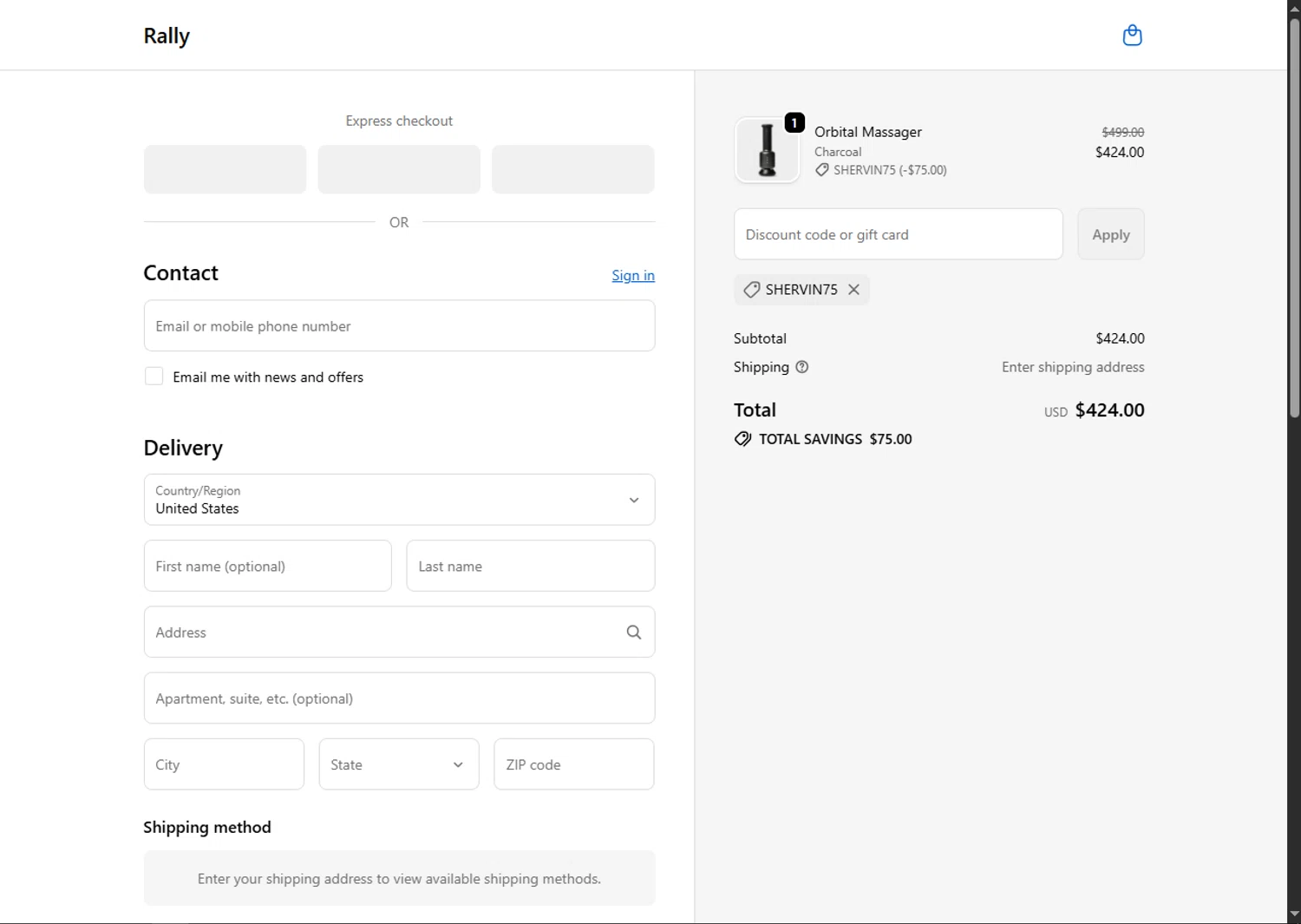 Rally.co promo code screenshot showing code SHERVIN75 applied at Rally.co checkout page. Uploaded by SimplyCodes community member GoldPhoenix3793 on Nov 11, 2025