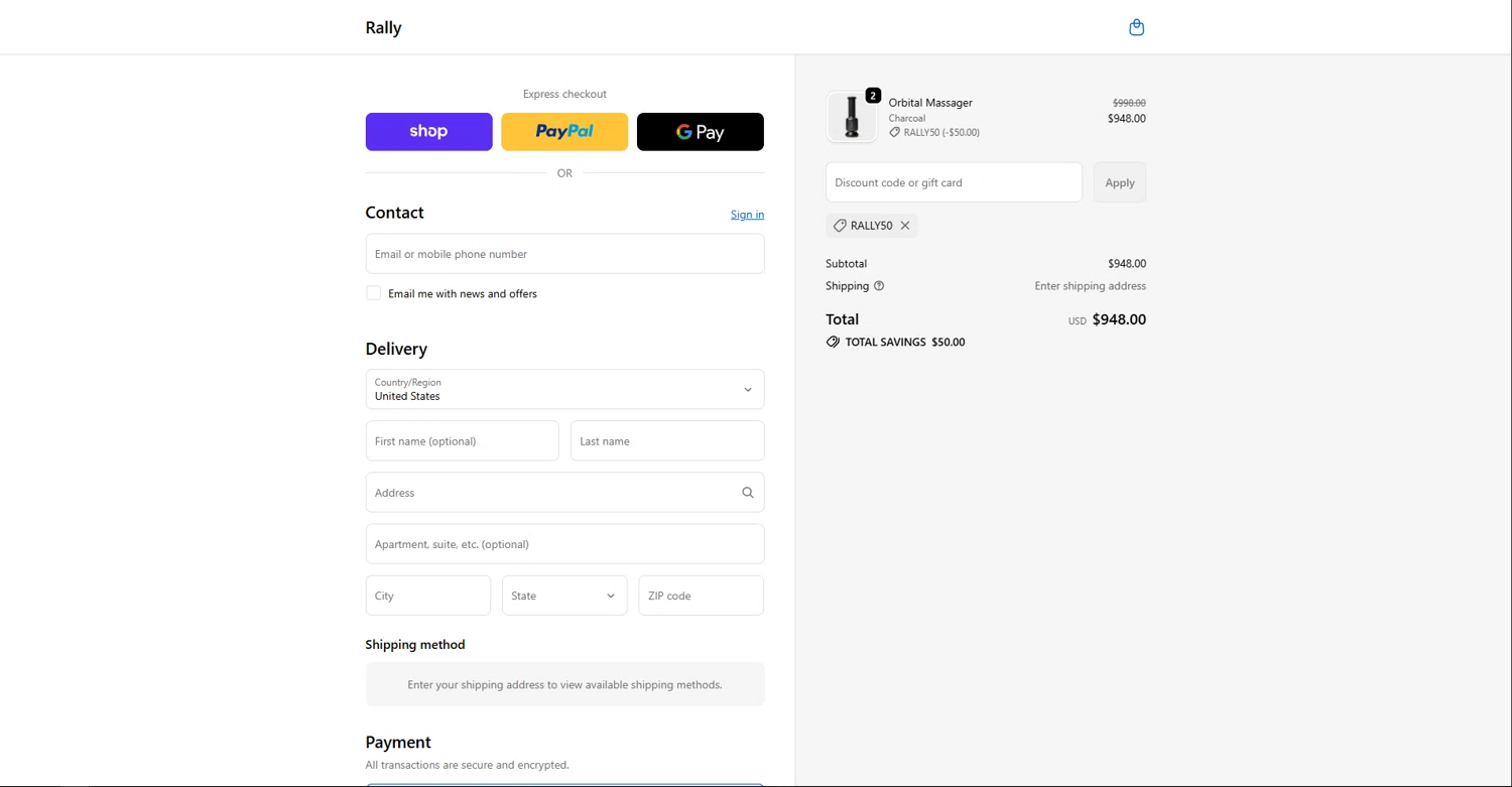 Rally.co promo code screenshot showing code RALLY50 applied at Rally.co checkout page. Uploaded by SimplyCodes community member vctr7w7x on Nov 3, 2025