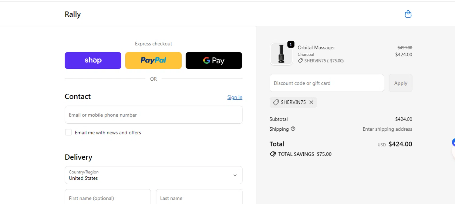 Rally.co promo code screenshot showing code SHERVIN75 applied at Rally.co checkout page. Uploaded by SimplyCodes community member yilmamalave on Nov 11, 2025