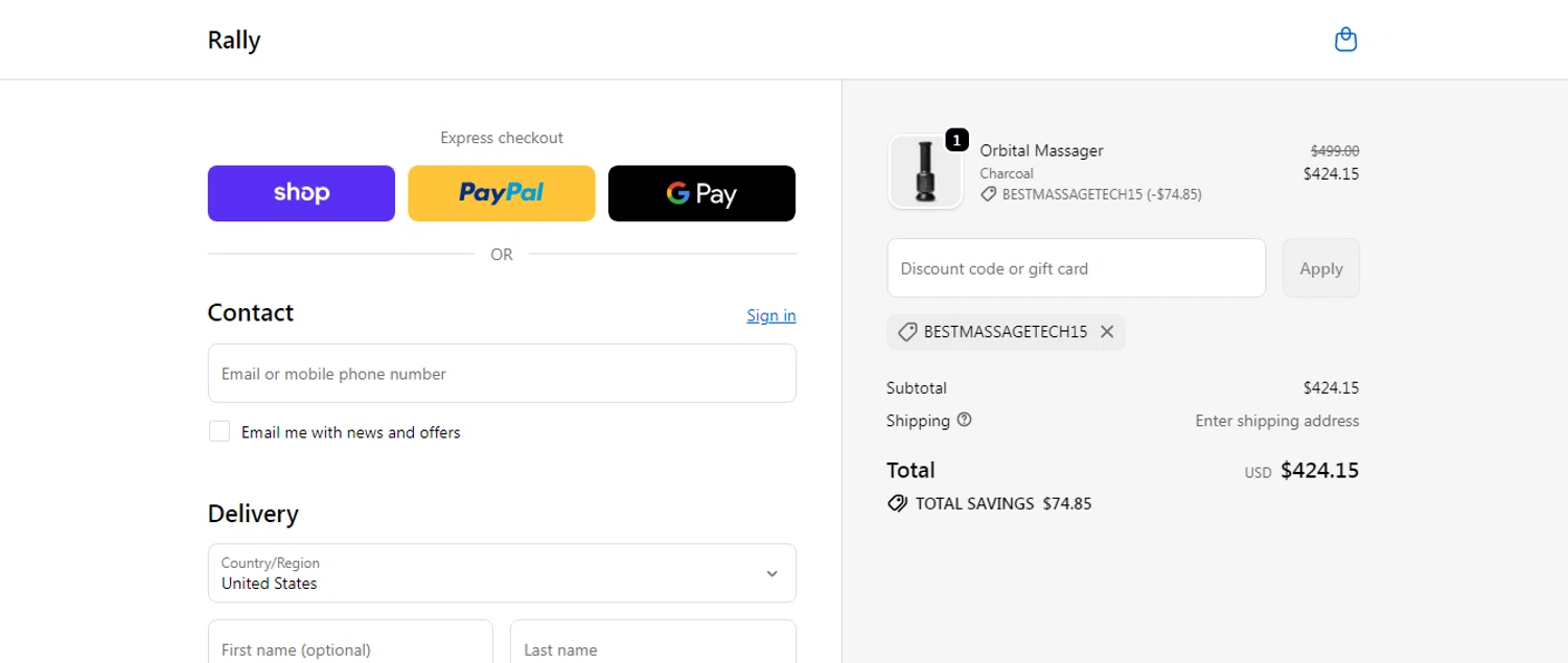 Rally.co promo code screenshot showing code BESTMASSAGETECH15 applied at Rally.co checkout page. Uploaded by SimplyCodes community member yilmamalave on Nov 11, 2025