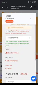 SELLERSPRITE coupon verification screenshot