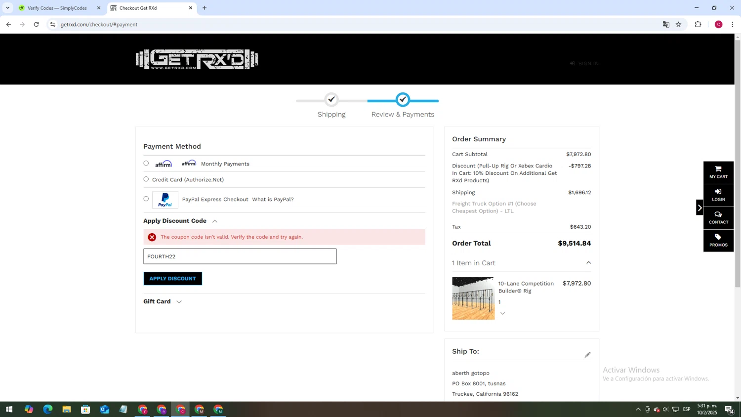 Get Rxd discount code screenshot showing code FOURTH22 applied at Get Rxd checkout page. Uploaded by SimplyCodes community member TOROREX250 on Feb 10, 2025