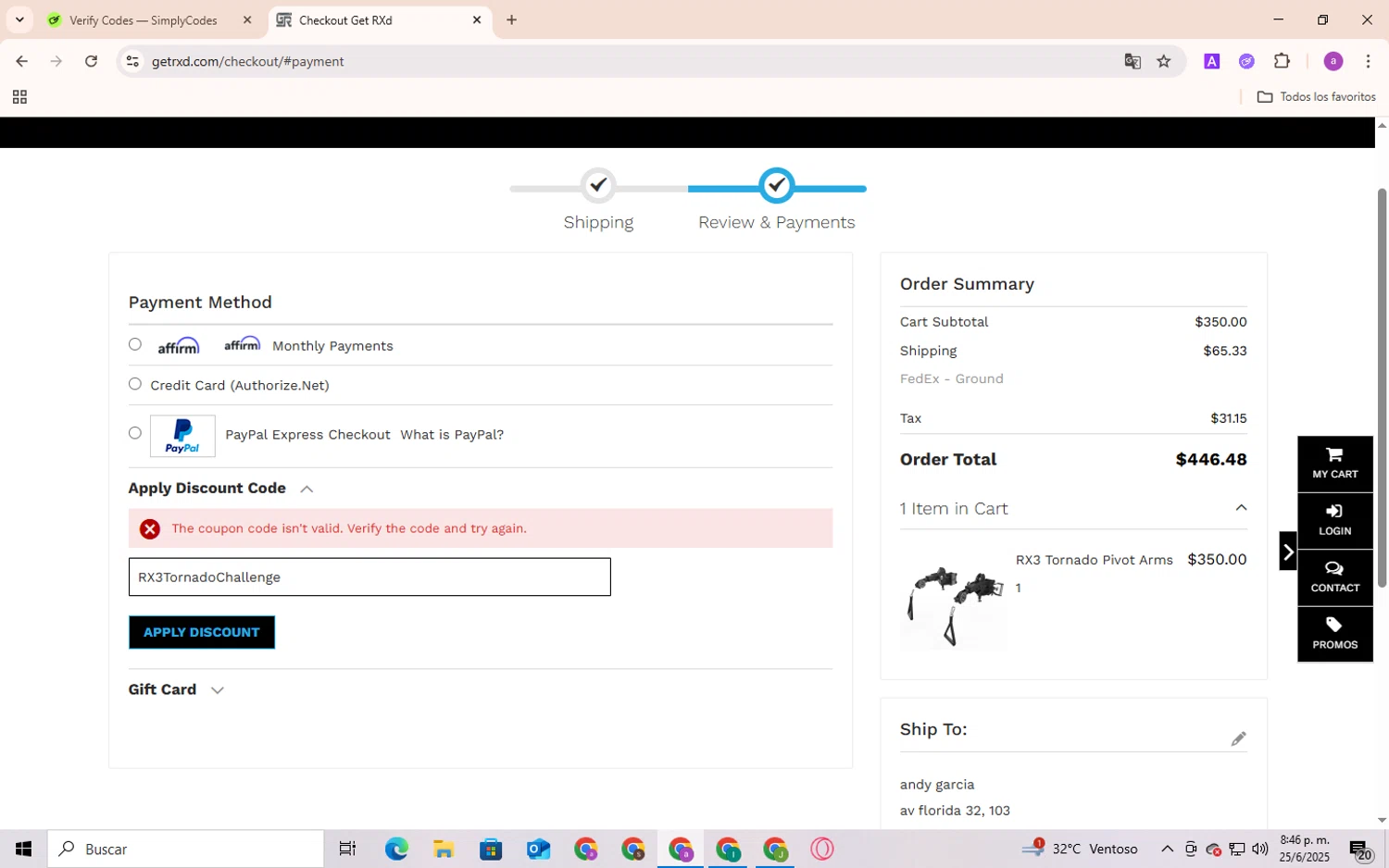 Get Rxd discount code screenshot showing code RX3TornadoChallenge applied at Get Rxd checkout page. Uploaded by SimplyCodes community member Andygar on Jun 25, 2025