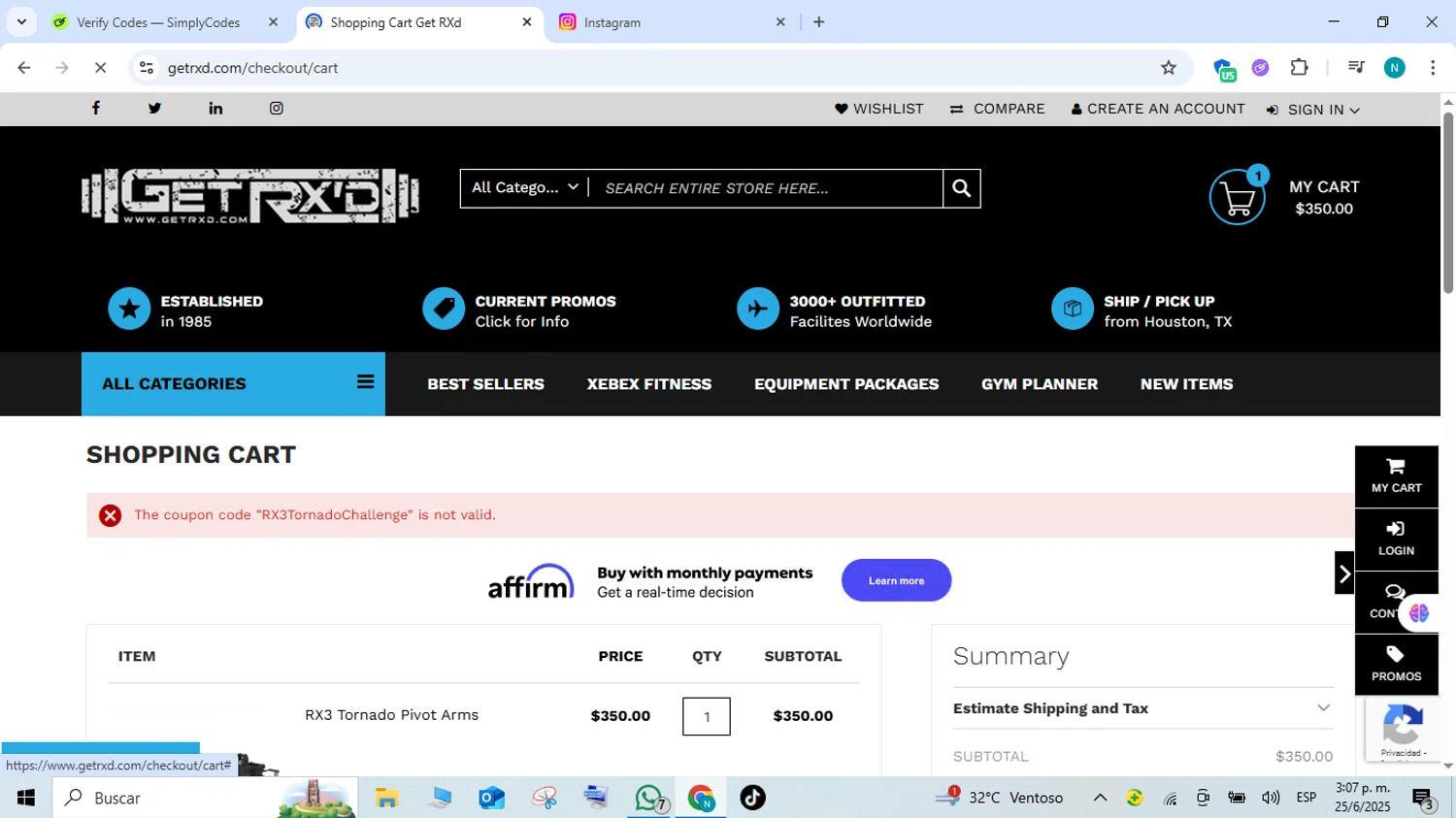 Get Rxd discount code screenshot showing code RX3TornadoChallenge applied at Get Rxd checkout page. Uploaded by SimplyCodes community member FortunateEagle7007 on Jun 25, 2025
