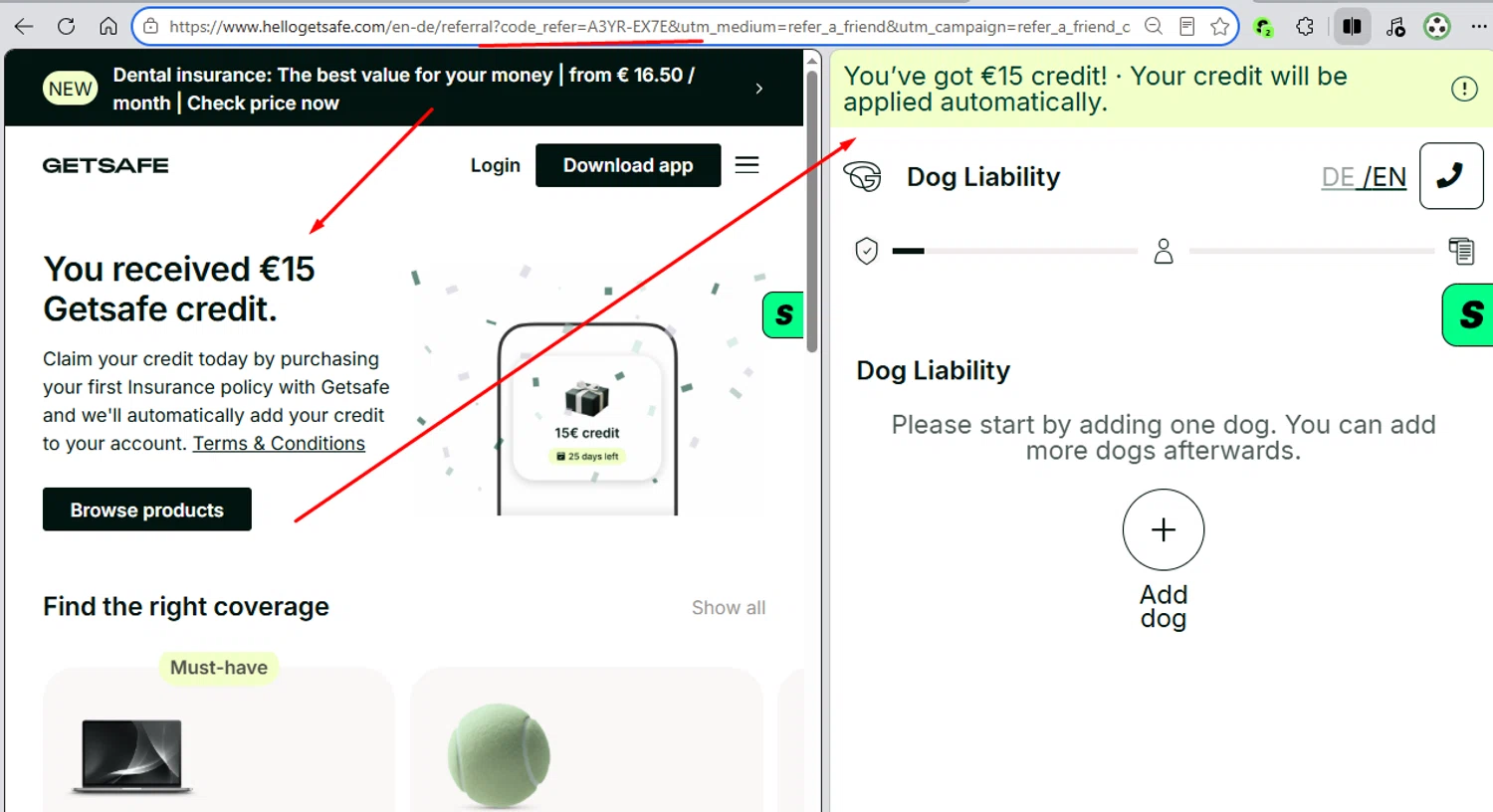 Getsafe DE promo code screenshot showing code A3YR-EX7E applied at Getsafe DE checkout page. Uploaded by SimplyCodes community member paola49520 on Jun 3, 2026