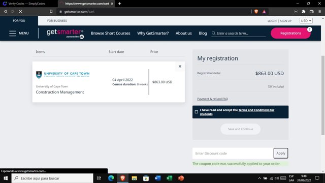 GetSmarter checkout page showing GetSmarter promo code box | Screenshot taken by SimplyCodes community member on Mar 31, 2022