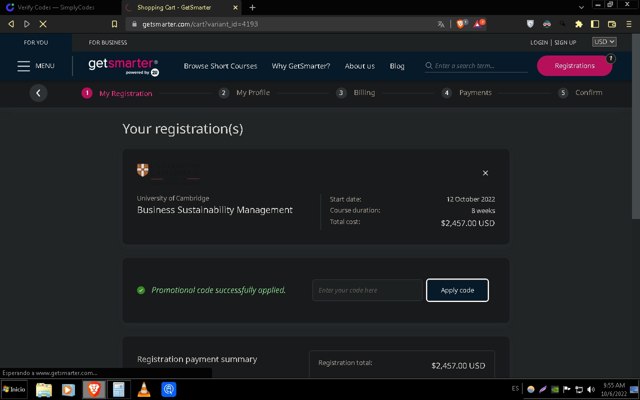 GetSmarter checkout page showing GetSmarter promo code box | Screenshot taken by SimplyCodes community member on Oct 6, 2022