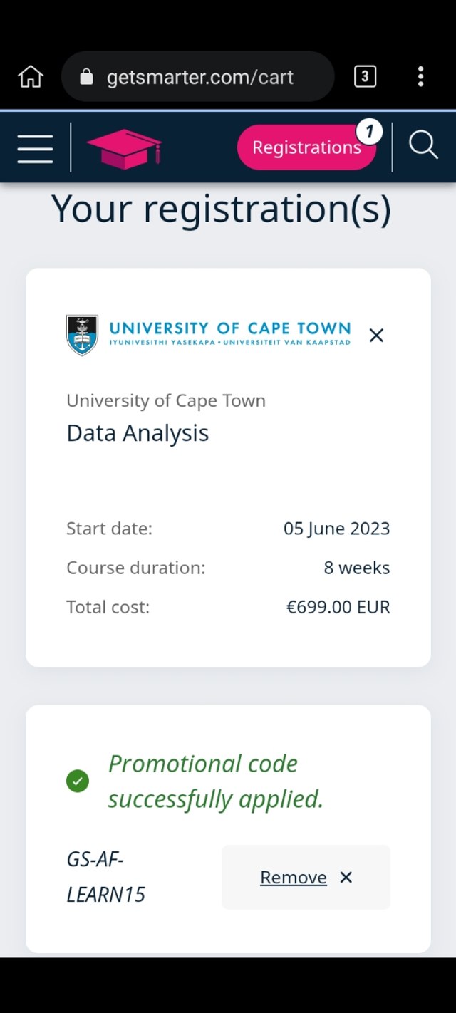 GetSmarter checkout page showing GetSmarter promo code box | Screenshot taken by SimplyCodes community member on May 23, 2023