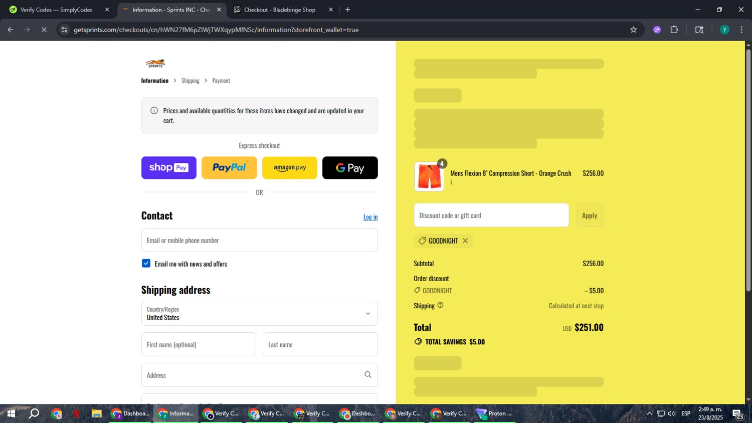 GetSprints discount code screenshot showing code GOODNIGHT applied at GetSprints checkout page. Uploaded by SimplyCodes community member FrugalCaptain6906 on Aug 23, 2025