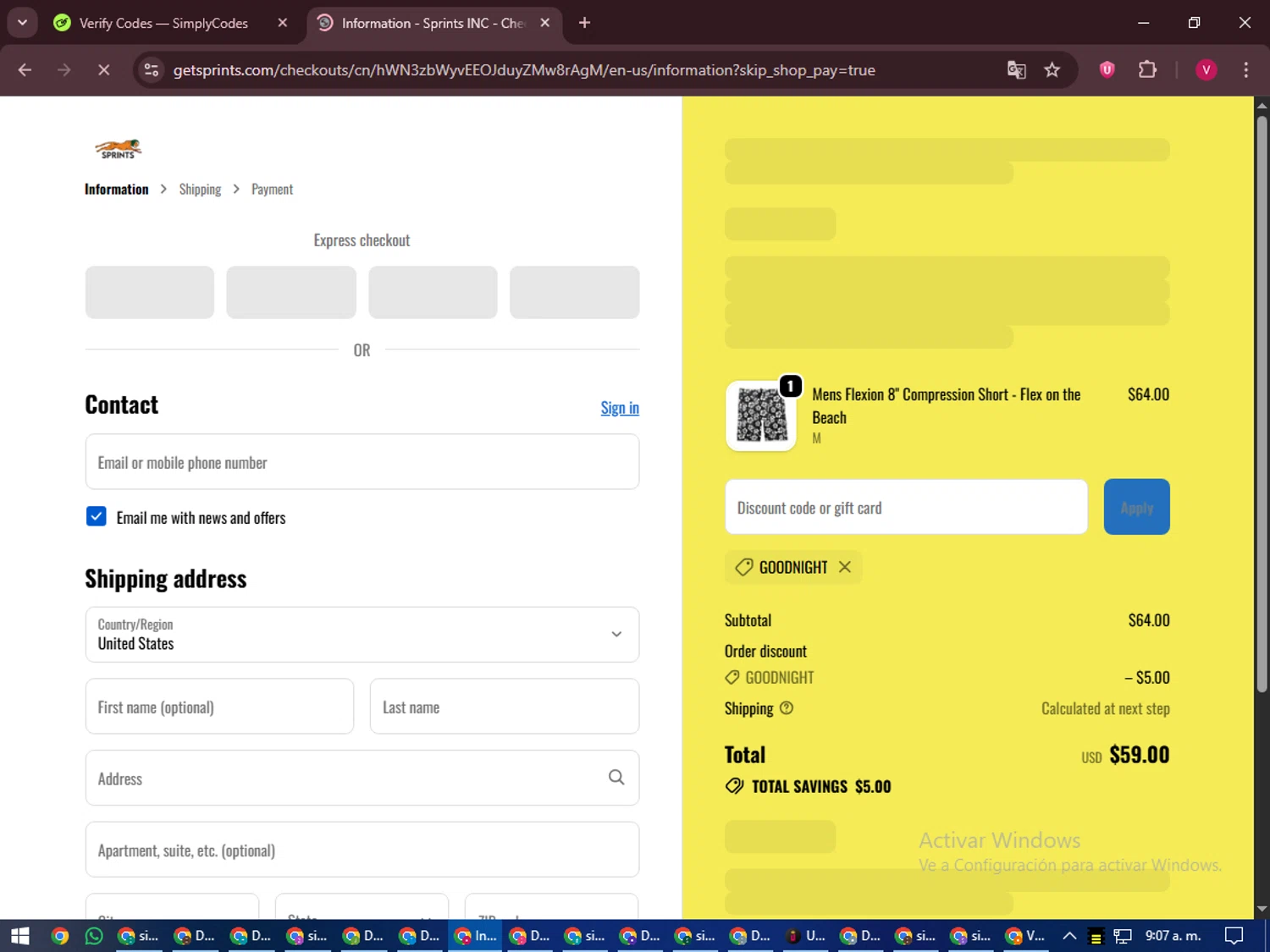 GetSprints discount code screenshot showing code GOODNIGHT applied at GetSprints checkout page. Uploaded by SimplyCodes community member ShieldEagle6102 on Oct 11, 2025