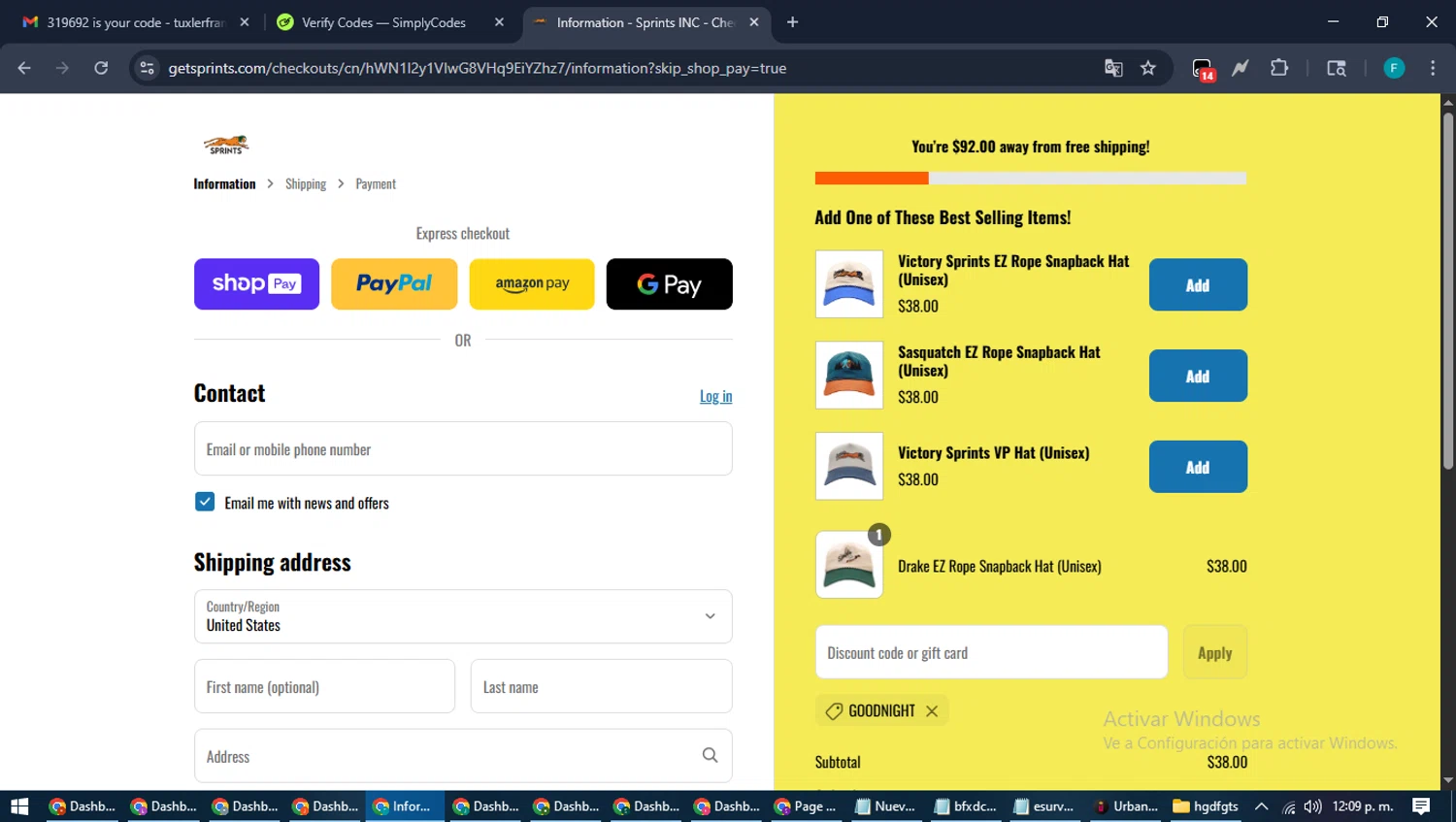 GetSprints discount code screenshot showing code GOODNIGHT applied at GetSprints checkout page. Uploaded by SimplyCodes community member ShrewdTitan3233 on Aug 13, 2025
