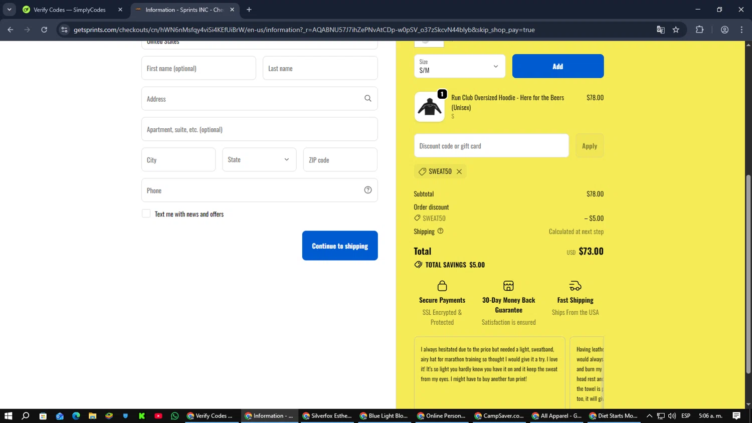 GetSprints discount code screenshot showing code Sweat50 applied at GetSprints checkout page. Uploaded by SimplyCodes community member RebateCaptain6440 on Dec 24, 2025
