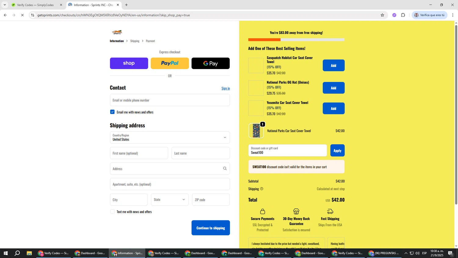 GetSprints discount code screenshot showing code Sweat100 applied at GetSprints checkout page. Uploaded by SimplyCodes community member Salometta on Sep 21, 2025