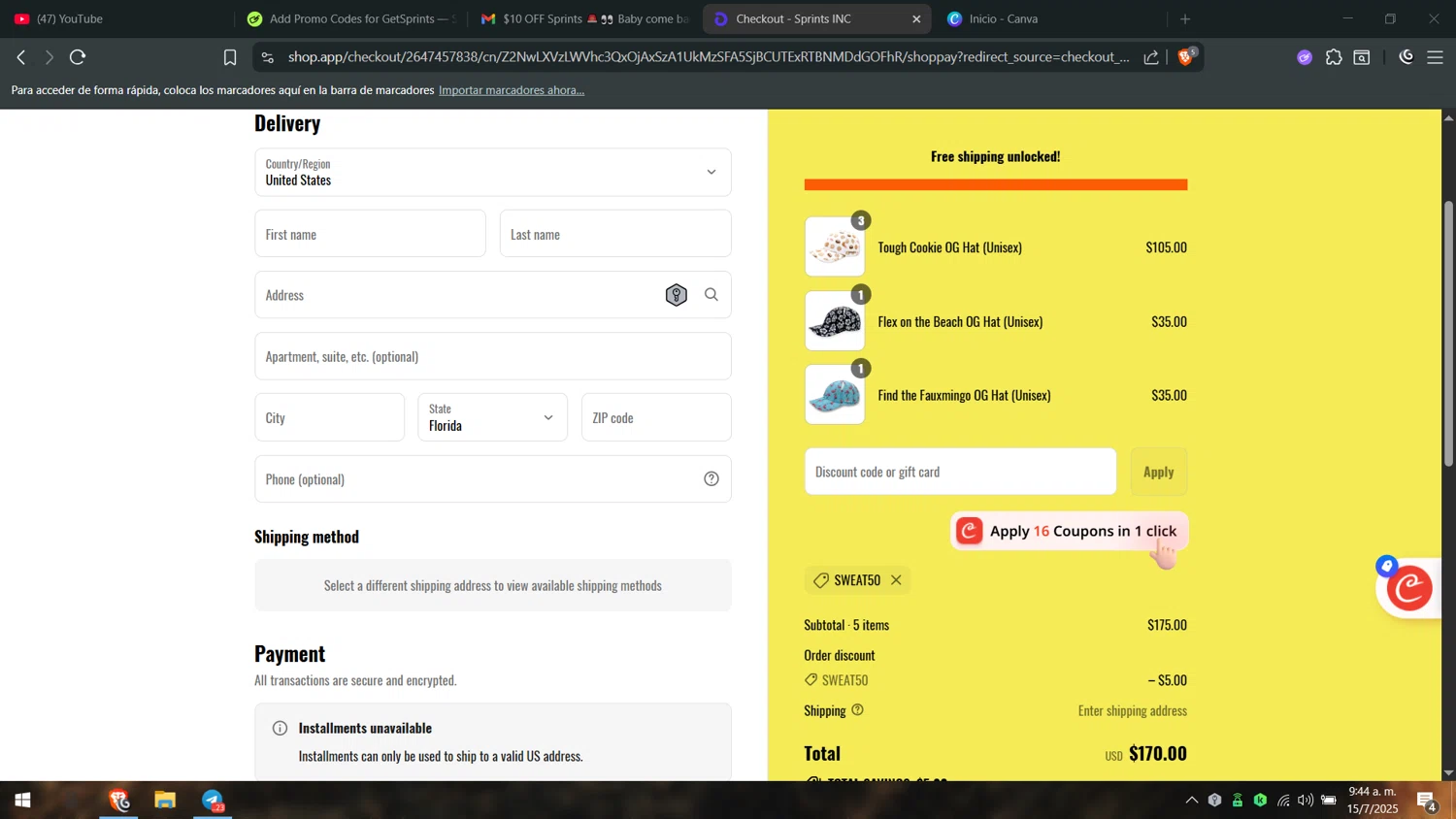 GetSprints discount code screenshot showing code Sweat50 applied at GetSprints checkout page. Uploaded by SimplyCodes community member juanvargas1 on Jul 15, 2025