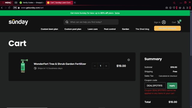 Sunday checkout page showing Sunday discount code box | Screenshot taken by SimplyCodes community member on Mar 14, 2025