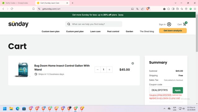 Sunday checkout page showing Sunday discount code box | Screenshot taken by SimplyCodes community member on Mar 23, 2025